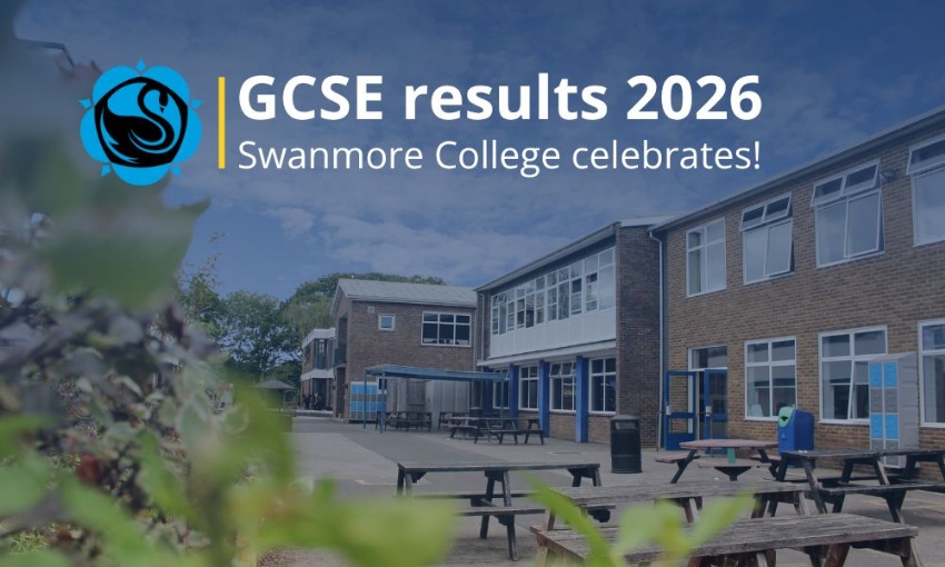 Courtyard at Swanmore College with GCSE Results 2026 headline celebrating pupils' achievements.